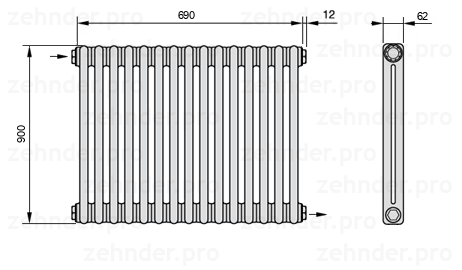Схема (чертеж) Радиатор Zehnder Charleston 2090/15 №1670 Белый глянцевый RAL 9016